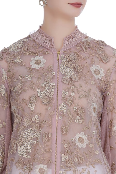 Kavita Bhartia_Pink Round Sheer Embroidered Jacket _at_Aza_Fashions