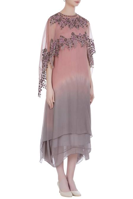 Kavita Bhartia_Grey Round Embroidered Cape With Kurta  _Online_at_Aza_Fashions