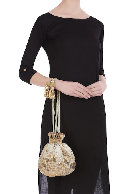 Shop The Pink Potli Gold Sequins, Tassels Velvet Petal And Cut Dana Embroidered Potli at Aza Fashions Shop_The Pink Potli_Gold Sequins, Tassels Velvet Petal And Cut Dana Embroidered Potli _at_Aza_Fashions