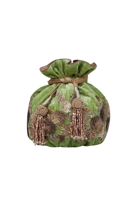 The Pink Potli Lime Sequins, Tassels Velvet And Cut Dana Embroidered Potli 
