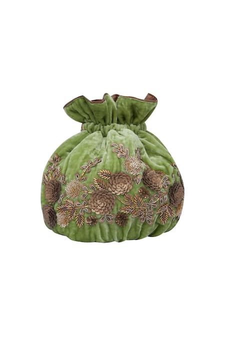 The Pink Potli_Lime Sequins, Tassels Velvet And Cut Dana Embroidered Potli _Online_at_Aza_Fashions