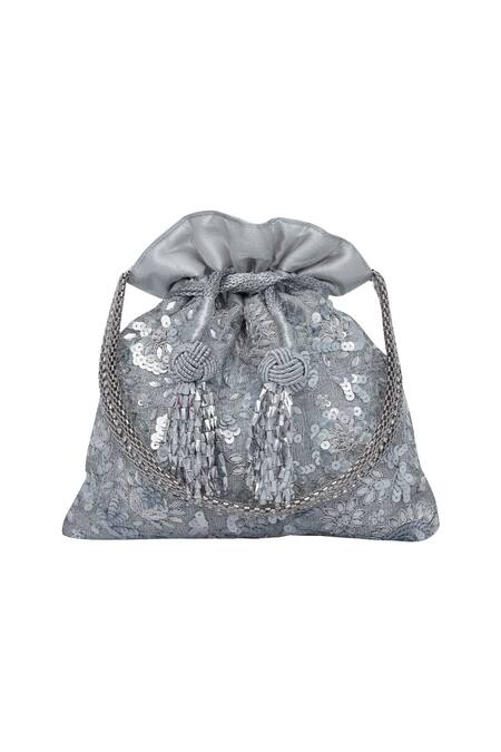 Fl Embroidered Silver Potli Bag By The Pink At Aza Fl Embroidered Silver Potli Bag