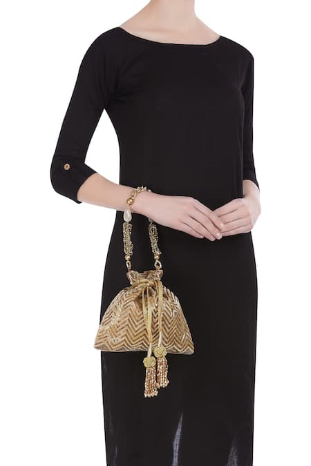 Shop The Pink Potli Gold Sequin Embroidered Potli at Aza Fashions Shop_The Pink Potli_Gold Sequin Embroidered Potli _at_Aza_Fashions