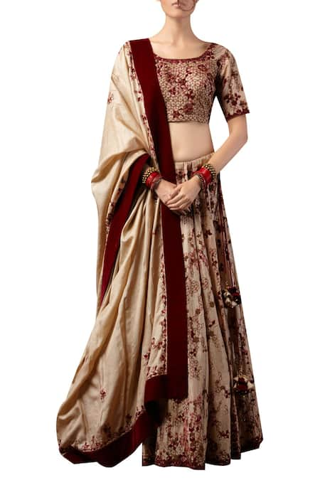 SHASHA GABA Beige Tussar Silk Embroidered Cubes Round Velvet Bridal Lehenga Set  