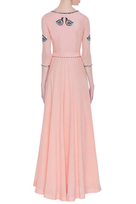 Shop Desert Shine By Sulochana Jangir Pink Denim Linen Cutdana, Beads Square Maxi Dress With Embroidered Bird Motifs at Aza Fashions Shop_Desert Shine By Sulochana Jangir_Pink Denim Linen Cutdana, Beads Square Maxi Dress With Embroidered Bird Motifs_at_Aza_Fashions