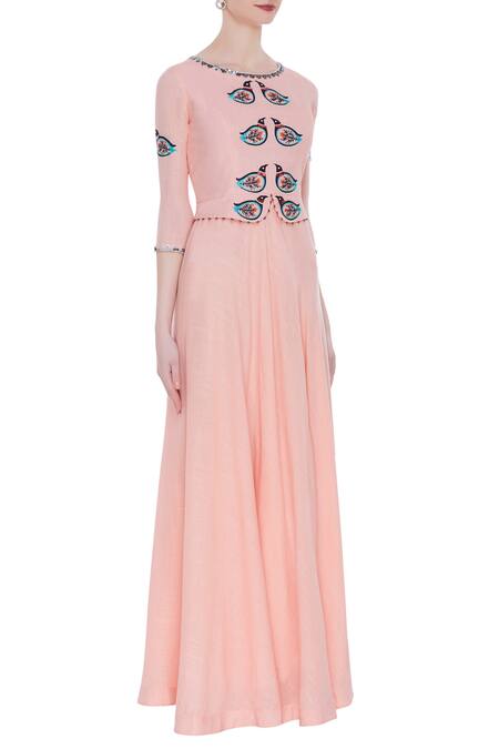 Desert Shine By Sulochana Jangir Pink Denim Linen Cutdana, Beads Square Maxi Dress With Embroidered Bird Motifs Online at Aza Fashions Desert Shine By Sulochana Jangir_Pink Denim Linen Cutdana, Beads Square Maxi Dress With Embroidered Bird Motifs_Online_at_Aza_Fashions