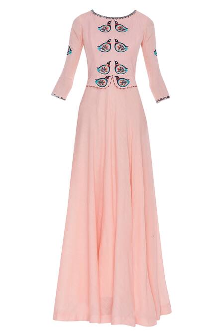 Buy Desert Shine By Sulochana Jangir Pink Denim Linen Cutdana, Beads Square Maxi Dress With Embroidered Bird Motifs Online at Aza Fashions Buy_Desert Shine By Sulochana Jangir_Pink Denim Linen Cutdana, Beads Square Maxi Dress With Embroidered Bird Motifs_Online_at_Aza_Fashions