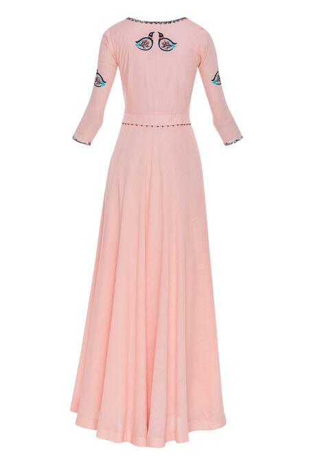 Shop Desert Shine By Sulochana Jangir Pink Denim Linen Cutdana, Beads Square Maxi Dress With Embroidered Bird Motifs Online at Aza Fashions Shop_Desert Shine By Sulochana Jangir_Pink Denim Linen Cutdana, Beads Square Maxi Dress With Embroidered Bird Motifs_Online_at_Aza_Fashions