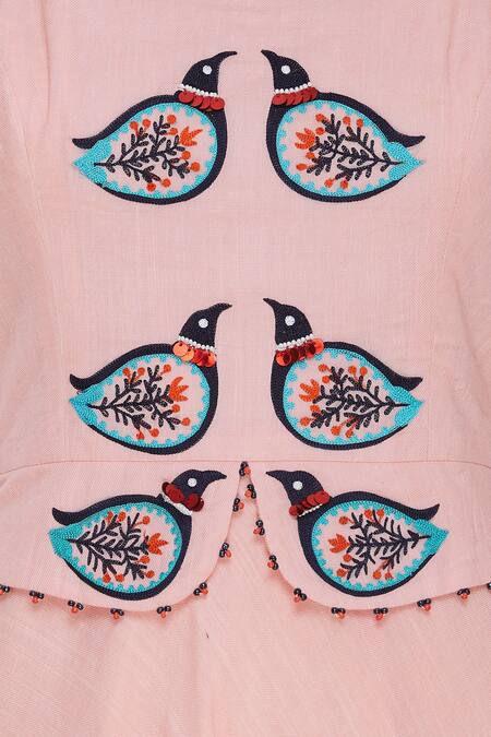 Desert Shine By Sulochana Jangir Pink Denim Linen Cutdana, Beads Square Maxi Dress With Embroidered Bird Motifs at Aza Fashions Desert Shine By Sulochana Jangir_Pink Denim Linen Cutdana, Beads Square Maxi Dress With Embroidered Bird Motifs_at_Aza_Fashions