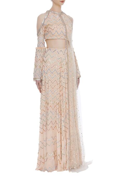 Ohaila Khan_Peach Chevron Woven Crepe Embroidered Beads Square Neck Zigzag Anarkali Gown_Online_at_Aza_Fashions