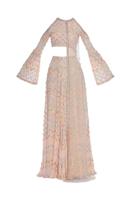 Shop_Ohaila Khan_Peach Chevron Woven Crepe Embroidered Beads Square Neck Zigzag Anarkali Gown_Online_at_Aza_Fashions