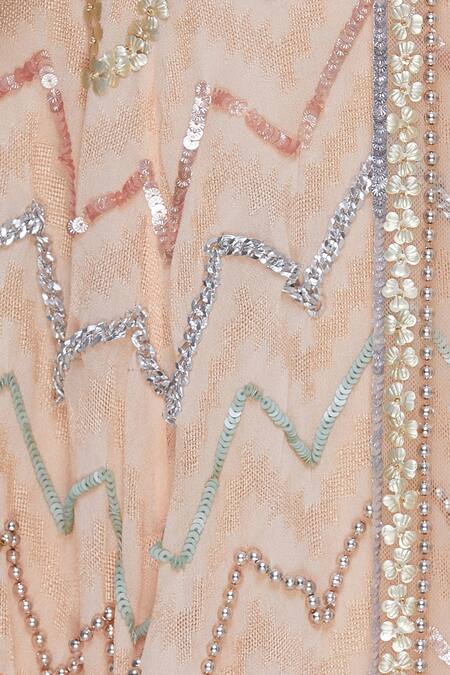 Ohaila Khan_Peach Chevron Woven Crepe Embroidered Beads Square Neck Zigzag Anarkali Gown_at_Aza_Fashions