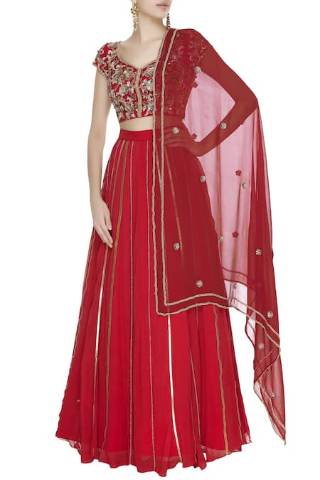 Ohaila Khan Red Georgette Embroidered Beads Round Zardozi And Chain Lehenga Set