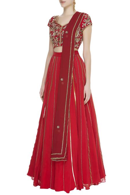 Ohaila Khan Red Georgette Embroidered Beads Round Zardozi And Chain Lehenga Set Online at Aza Fashions Ohaila Khan_Red Georgette Embroidered Beads Round Zardozi And Chain Lehenga Set_Online_at_Aza_Fashions