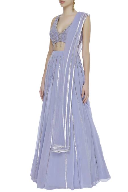 Ohaila Khan Blue Georgette Embroidered Beads Round Gota And Chain Lehenga Set Online at Aza Fashions Ohaila Khan_Blue Georgette Embroidered Beads Round Gota And Chain Lehenga Set_Online_at_Aza_Fashions