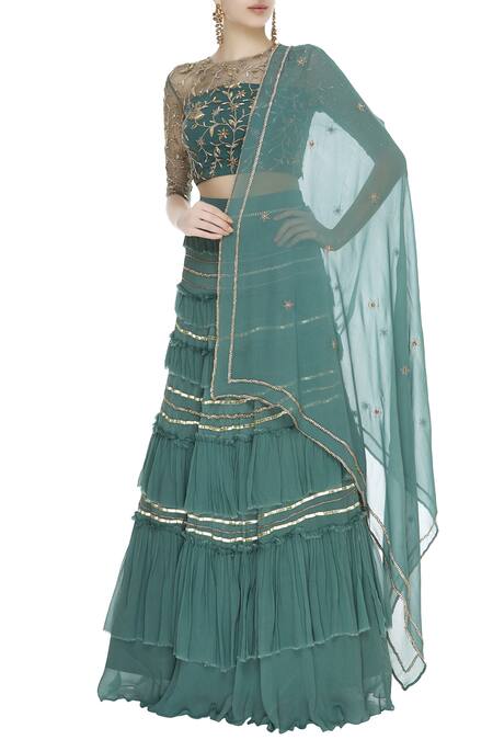 Ohaila Khan Green Georgette Embroidered Beads Round Ruffled Zardozi Lehenga Set