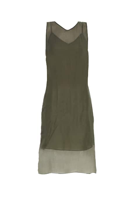 Buy_Urvashi Kaur_Olive Green Kota Doria Round Neck Cotton Shibori Dyed Tunic With Inner _Online_at_Aza_Fashions