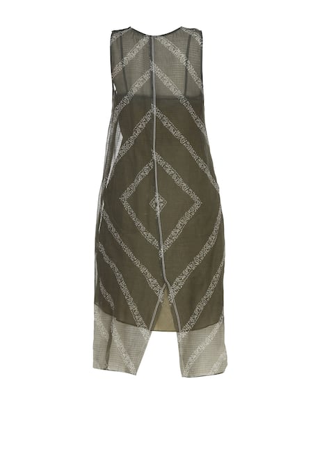 Shop_Urvashi Kaur_Olive Green Kota Doria Round Neck Cotton Shibori Dyed Tunic With Inner _Online_at_Aza_Fashions