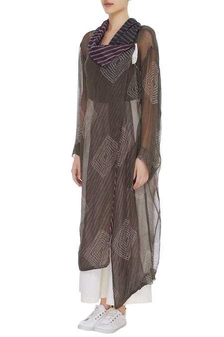 Buy_Urvashi Kaur_Brown Kota Doria Embroidery Shawl Neck Shibori Dyed Sheer Jacket _Online_at_Aza_Fashions