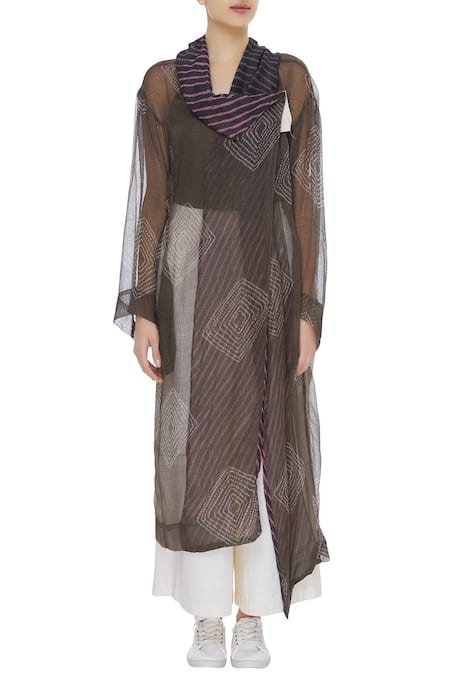 Shop_Urvashi Kaur_Brown Kota Doria Embroidery Shawl Neck Shibori Dyed Sheer Jacket _Online_at_Aza_Fashions