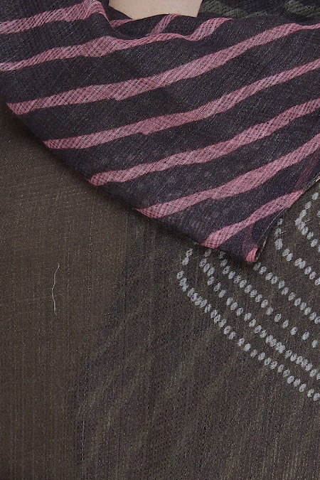 Urvashi Kaur_Brown Kota Doria Embroidery Shawl Neck Shibori Dyed Sheer Jacket _at_Aza_Fashions