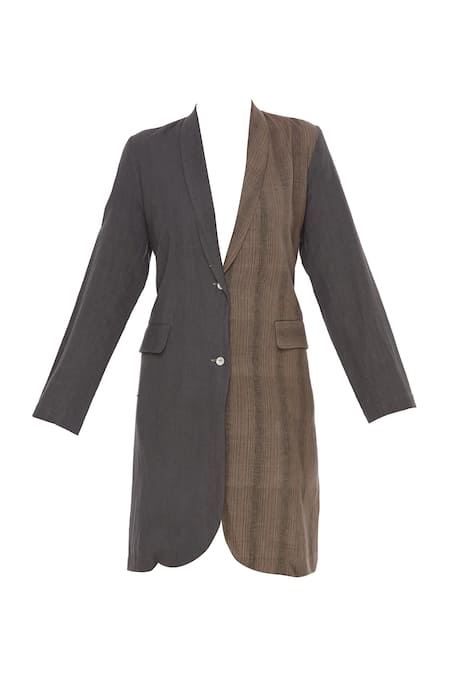 Buy_Urvashi Kaur_Gray Cotton, Kota Doria Shawl Neck Two-tone Striped High-low Blazer _Online_at_Aza_Fashions