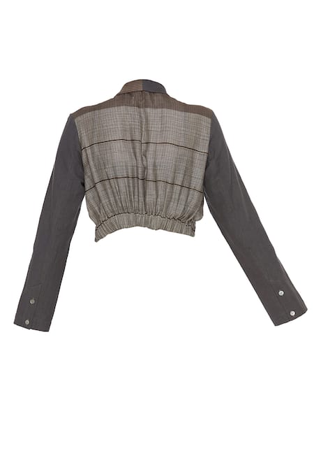 Shop_Urvashi Kaur_Gray Cotton, Kota Doria Shawl Neck Two-tone Striped High-low Blazer _Online_at_Aza_Fashions