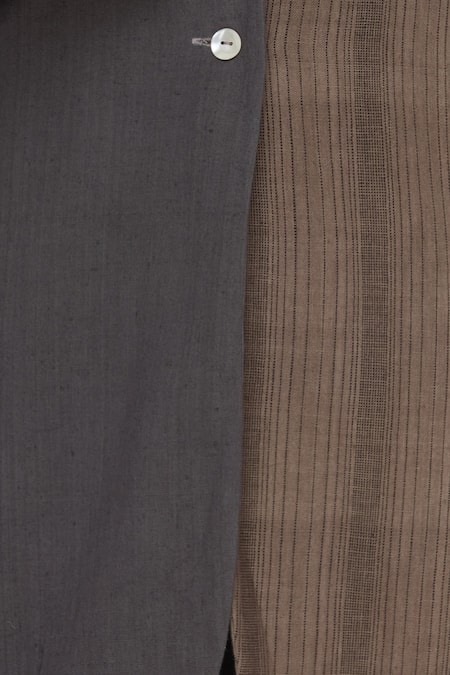 Urvashi Kaur_Gray Cotton, Kota Doria Shawl Neck Two-tone Striped High-low Blazer _at_Aza_Fashions