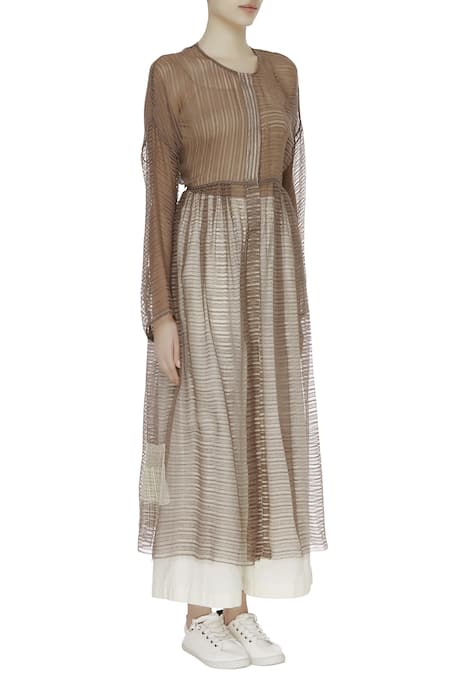 Urvashi Kaur_Brown Kota Doria Round Neck Sheer Striped Cotton Long Jacket _Online_at_Aza_Fashions