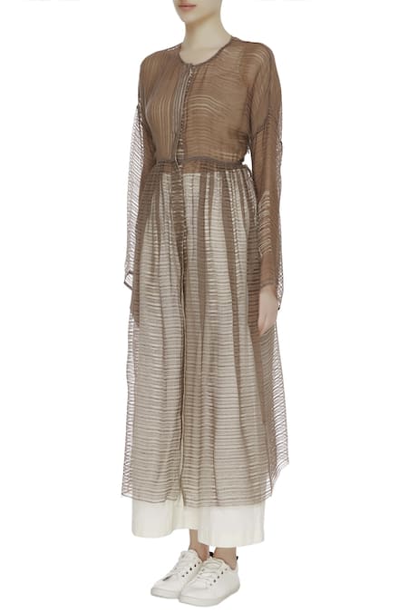 Buy_Urvashi Kaur_Brown Kota Doria Round Neck Sheer Striped Cotton Long Jacket _Online_at_Aza_Fashions