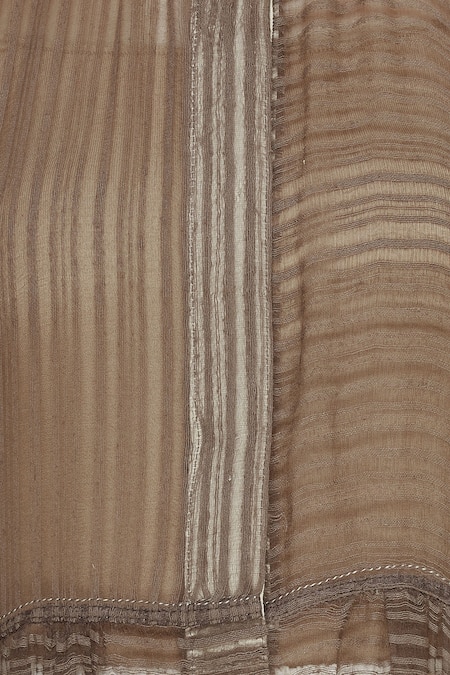 Urvashi Kaur_Brown Kota Doria Round Neck Sheer Striped Cotton Long Jacket _at_Aza_Fashions