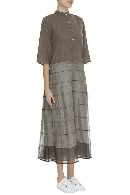 Urvashi Kaur_Brown Cotton, Kota Doria Mandarin Collar Striped Flared Tunic _Online_at_Aza_Fashions