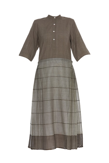 Buy_Urvashi Kaur_Brown Cotton, Kota Doria Mandarin Collar Striped Flared Tunic _Online_at_Aza_Fashions
