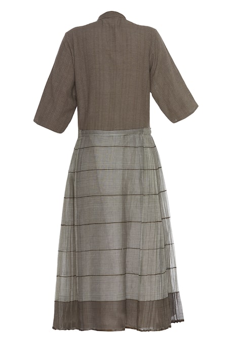 Shop_Urvashi Kaur_Brown Cotton, Kota Doria Mandarin Collar Striped Flared Tunic _Online_at_Aza_Fashions