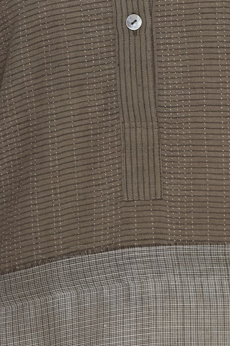 Urvashi Kaur_Brown Cotton, Kota Doria Mandarin Collar Striped Flared Tunic _at_Aza_Fashions