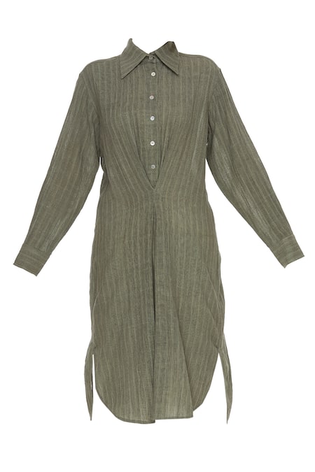Buy_Urvashi Kaur_Green Cotton Collared Striped Tunic _Online_at_Aza_Fashions