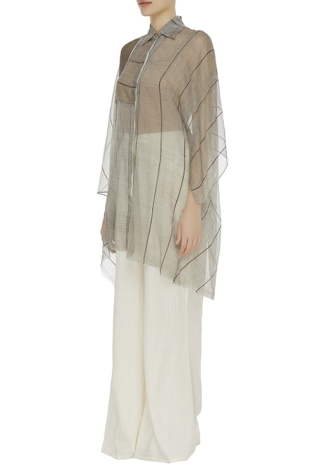 Buy_Urvashi Kaur_Green Kota Doria Collared, Round Neck Cotton Sheer Stripe Oversized Shirt Set _Online_at_Aza_Fashions