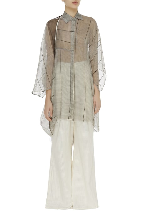 Shop_Urvashi Kaur_Green Kota Doria Collared, Round Neck Cotton Sheer Stripe Oversized Shirt Set _Online_at_Aza_Fashions