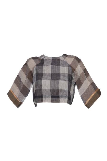 Shop_Urvashi Kaur_Gray Kota Doria Zari Round Neck Gingham Check Crop Top With Stripe _Online_at_Aza_Fashions