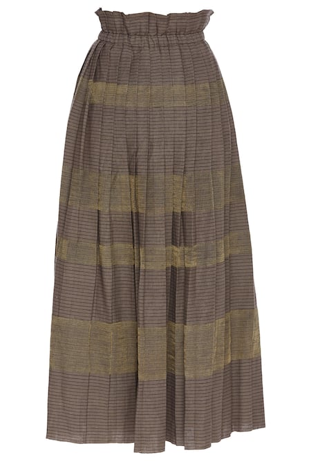 Urvashi Kaur_Brown Cotton, Kota Doria Zari Silk And Pleated Maxi Skirt _Online_at_Aza_Fashions