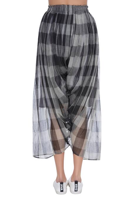 Urvashi Kaur_Gray Kota Doria Silk Checkered Draped Pant _Online_at_Aza_Fashions
