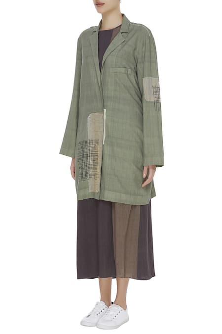 Urvashi Kaur_Green Cotton Patchwork, Embroidery Oversized Blazer Jacket _Online_at_Aza_Fashions