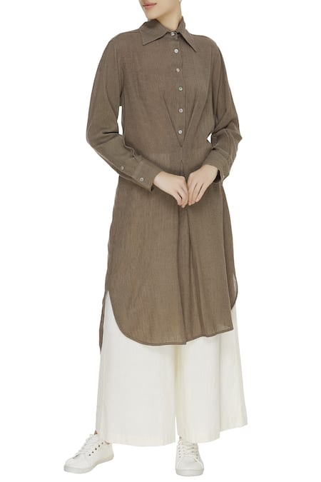 Urvashi Kaur Brown Cotton Embroidered Beads Round Tunic With Button Placket  