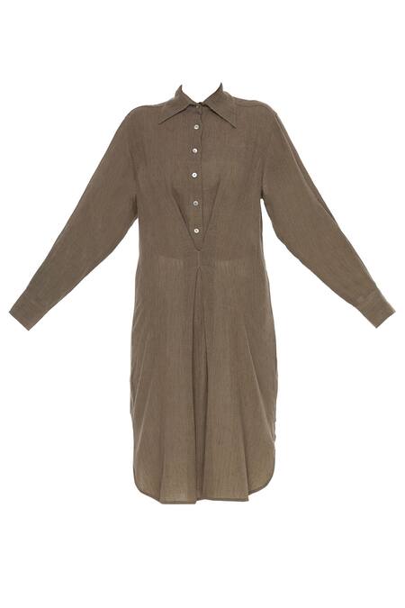 Buy_Urvashi Kaur_Brown Cotton Collared, Split V-neck Embroidered Tunic With Button Placket _Online_at_Aza_Fashions
