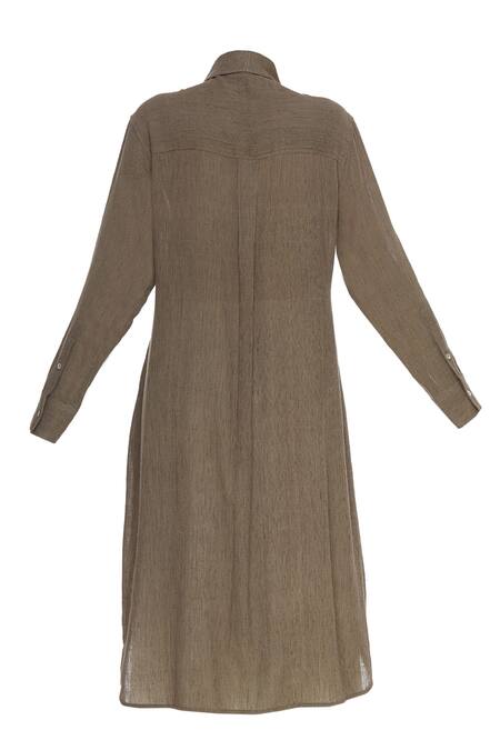 Shop_Urvashi Kaur_Brown Cotton Collared, Split V-neck Embroidered Tunic With Button Placket _Online_at_Aza_Fashions