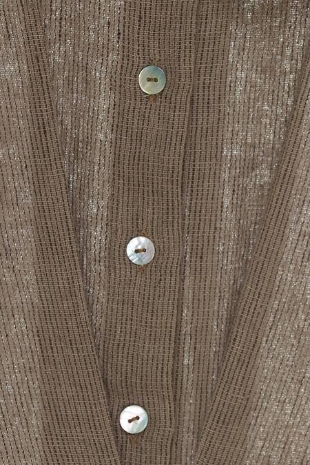 Urvashi Kaur_Brown Cotton Collared, Split V-neck Embroidered Tunic With Button Placket _at_Aza_Fashions