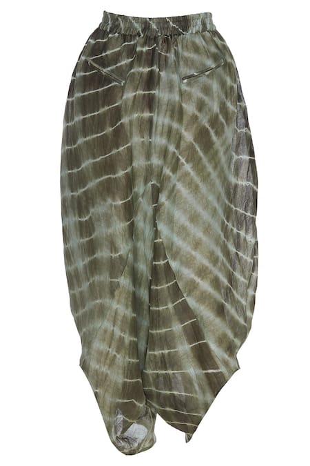 Urvashi Kaur_Green Linen Leheriya Dyed Dhoti Pant With Pockets _Online_at_Aza_Fashions