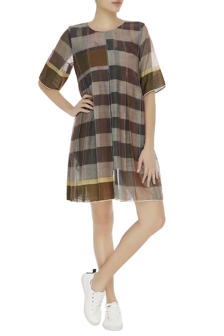 Urvashi Kaur Beige Linen Embroidered Beads Round Checkered Dress 