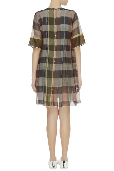 Urvashi Kaur Checkered Pleated Zari Work Linen Dress 