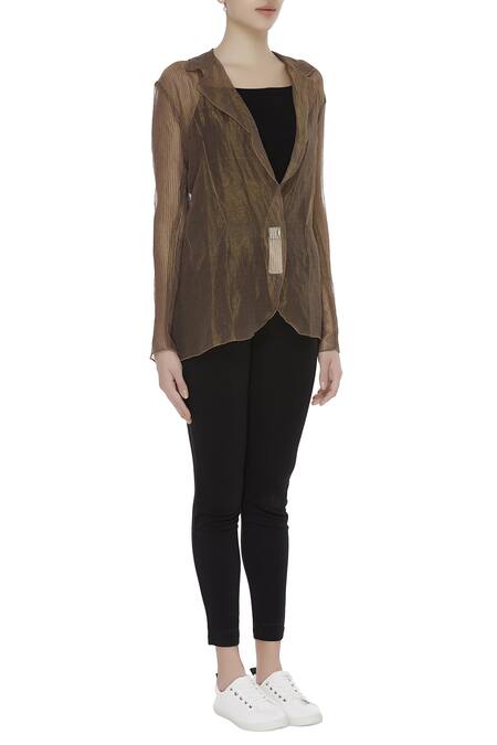 Urvashi Kaur_Brown Kota Doria Zari Open Neck Silk Sheer Embroidered Jacket _Online_at_Aza_Fashions